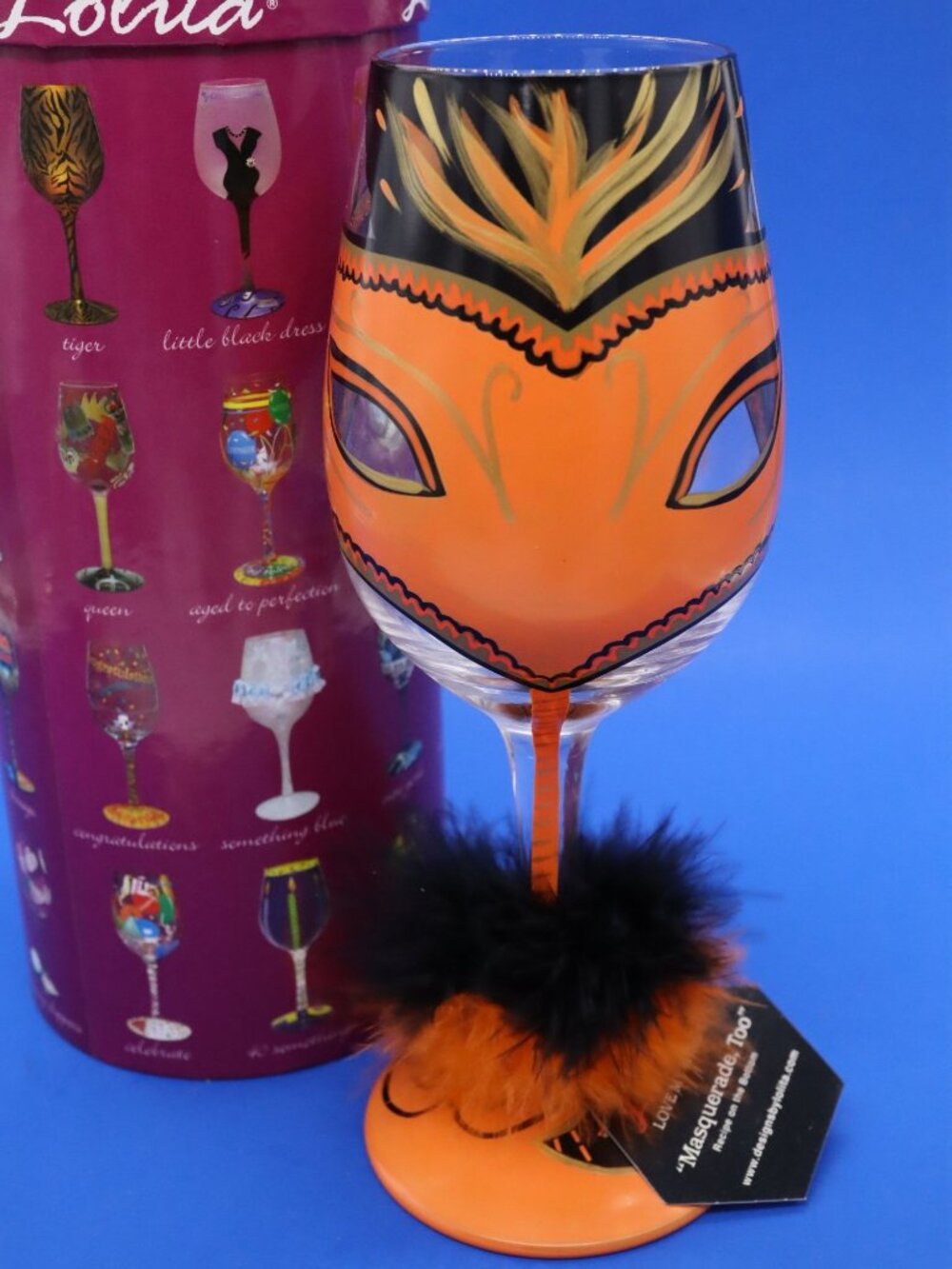 Lolita MASQUERADE TOO Mardi Gras Wine Glass Hand Painted w/ Recipe on Bottom New